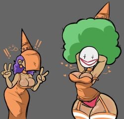 1girls afro arms_behind_head boob_window bottom_heavy breasts castle_crashers choker clown clown_girl clown_makeup covered_face cumlord cumlord_(artist) earrings female female_only green_hair heart huge_hips just_coffee medium_breasts orange_princess_(castle_crashers) orange_stockings peace_sign purple_hair red_panties skirt skirt_lift stockings thick_thighs thunder_thighs v