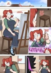 afrobull better_version_at_source big_breasts blue_socks canadian_flag comic concerned english_text glasses katelynn_(afrobull) lowres maddie_(afrobull) original original_character original_characters overalls painting red_hair story striped_socks tagme thick thoughts