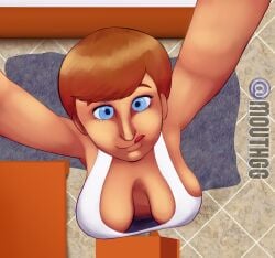 big_ass big_breasts blue_eyes breasts brown_hair camera camera_view carpet casual_clothes ceiling challenge falling feet funny huge_ass huge_breasts looking_at_viewer mouthgg pov tongue tongue_out top_view white_shirt