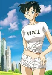 1girls anime big_breasts black_hair blue_eyes breasts dragon_ball dragon_ball_z exposed_midriff female female_focus female_only light-skinned_female light_skin manga midriff salvamakoto short_hair solo solo_female solo_focus sunglasses sunglasses_on_head unbuttoned_shorts videl white_shirt white_shorts