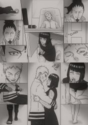 1boy 1girls 2boys accurate_art_style almost_caught barefoot boruto:_naruto_next_generations canon_couple chair couple faking_sleep feet female greyscale hiding highres hug hugging husband_and_wife hyuuga_hinata male male/female milf monochrome multiple_boys nanxdaime nara_shikamaru naruto naruto_(series) office_chair romantic romantic_couple sitting sitting_on_chair sleeping straight table uncensored under_the_table uzumaki_naruto walk-in