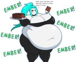 belly_bigger_than_head black_crop_top black_glove black_pants black_wristband breasts_bigger_than_head cake danny_phantom ember_mclain fans_chanting fat fat_ass fat_belly fat_breasts fat_thighs female ghost ghost_girl green_hair huge_ass huge_belly huge_breasts mizz-britt nickelodeon obese obese_female talking_to_viewer weight_gain white_background white_skin wide_hips