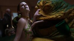 1girls 3d alexbridger armlet belly_dancer belly_dancer_outfit bracelet brown_eyes brown_hair chain_leash chained closed_eyes femsub harem_girl harem_outfit humiliation hutt jabba_the_hutt licking licking_breast liquid liquid_on_breast loincloth medium_breasts messy princess_leia_organa return_of_the_jedi sail_barge slave slave_bikini slave_collar slave_leia slave_outfit slavegirl star_wars submissive_female tatooine tongue tongue_out topless