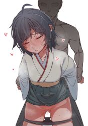 1boy 1boy1girl absurdres ass_visible_through_thighs black_hair black_panties blush closed_eyes faceless faceless_male female heart highres japanese_clothes kantai_collection kimono male/female matsukaze_(kantai_collection) meiji_schoolgirl_uniform nose_blush panties panty_pull pubic_hair sex sex_from_behind shiawase_hougan short_hair silhouette simple_background solo_focus straight sweat tears underwear white_background wide_sleeves