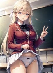 ai_generated blonde_hair blue_eyes chalkboard classroom classroom_of_the_elite desk looking_at_viewer nanase_tsubasa red_blazer ribbon school_uniform skirt_lift white_panties white_skirt youkoso_jitsuryoku_shijou_shugi_no_kyoushitsu_e