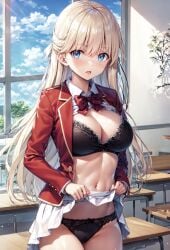 ai_generated black_bra black_panties black_underwear blonde_hair blue_eyes classroom classroom_of_the_elite desk looking_at_viewer nanase_tsubasa red_blazer red_ribbon school_uniform skirt_lift white_skirt youkoso_jitsuryoku_shijou_shugi_no_kyoushitsu_e