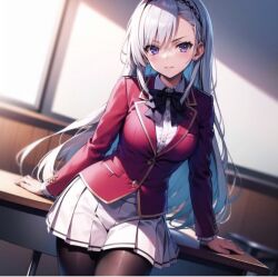 ai_generated black_leggings classroom classroom_of_the_elite desk female kiryuuin_fuuka looking_at_viewer purple_eyes red_blazer ribbon school_uniform solo_female white_hair white_skirt youkoso_jitsuryoku_shijou_shugi_no_kyoushitsu_e