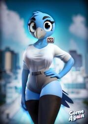 2023 69_(number) ai_generated animal_humanoid anthro avian bird black_eyes blue_body blue_feathers blue_hair blue_skin boobs breasts chirper chirpy cities:_skylines cities_skylines comeagainai feathers female furry humanoid looking_at_viewer looking_back shorts solo solo_female thick_thighs twitter white_shirt