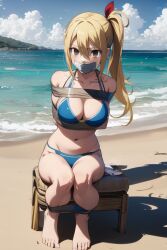 ai_generated bikini bondage fairy_tail gagged lucy_heartfilia tape tape_bondage tape_gag taped_arms taped_hands taped_legs taped_mouth