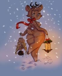 anthro ass bow breasts doe lantern lewdersheep looking_at_viewer mistletoe nude tagme tail