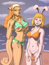 anthro beach bikini blonde_hair breasts brown_eyes canid canine canis carrot_(one_piece) clothed clothing cloud domestic_dog duo female female/female female_only fur genitals hair hi_res lagomorph leporid long_hair mammal midriff minkmen_(one_piece) navel nipple_slip nipples one_piece orange_hair partially_clothed pussy rabbit sacrificabominat sea seaside swimwear underwear underwear_down wanda_(one_piece) water white_body white_fur