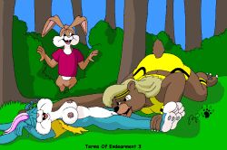 anthro bear binky_bunny_(rutwell) black_nose blonde_hair blue_body blue_fur bottomless bound breasts brown_bear brown_body brown_fur buckteeth closed_eyes clothed clothing cunnilingus female female/female forest fur grizzly_bear group hair kthanid_(artist) lagomorph leporid male mammal midriff nipples oral outside page_3 page_number pink_nose plant purple_hair rabbit randy_rabbit rutwell_forest scut_tail sex shirt short_tail shrub tail teeth toony topwear torn_clothing tree trio ursine ursula_bruin vaginal_penetration yellow_eyes