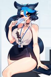 arm_support bare_shoulders big_breasts blue_hair bra breasts choker cleavage clothed clothing hi_res highres huntress_spectre indie_virtual_youtuber looking_at_viewer miniskirt nipple_bulge nipples office office_clothing office_lady pose sachiko shirt short_hair skirt thick_thighs thighs tight_clothing tongue tongue_out twitch two_tone_hair virtual_youtuber vtuber wide_hips wink winking_at_viewer wolf_ears wolf_girl wolf_tail yellow_eyes