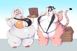 2023 absurd_res anaugi anthro backwards_hat big_breasts bikini breasts clothing digital_media_(artwork) duo eating felid feline female food generation_8_pokemon hair hat headgear headwear hi_res lagomorph mammal nintendo obese obese_anthro obese_female overweight overweight_anthro overweight_female pantherine pizza pizza_box pokemon pokemon_(species) raboot simple_background sling_bikini swimwear thick_thighs tiger tracy_(anaugi)