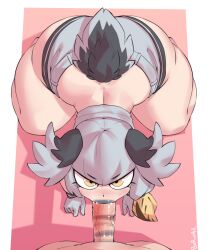 1boy 1girls animal_humanoid ass avian avian_humanoid big_butt bird bird's-eye_view bird_humanoid blush borvar bottomwear clothing duo fellatio female first_person_view genitals grey_hair hair hi_res high-angle_view huge_butt huge_thighs human humanoid kemono_friends kneeling lipstick lipstick_on_penis looking_at_viewer makeup male male/female mammal oral pelecaniform pelecaniform_humanoid penile penis pov_blowjob sex shirt shoebill_(kemono_friends) shoebill_humanoid shorts signature tail teapot_(body_type) text thick_thighs topwear yellow_eyes