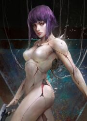 cable commission cyberpunk cyborg derivative_work english_commentary female ghost_in_the_shell gun handgun highres kusanagi_motoko lips looking_at_viewer machinery mechanical_parts purple_hair realistic red_eyes science_fiction thedurianart upper_body weapon wire