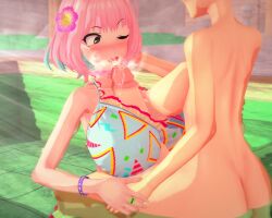 1futa 1girls 3d bikini_top bracelet clothed clothing female flower_in_hair fully_clothed futa_on_female futanari huge_breasts huge_cock koikatsu large_breasts mostly_nude naked_futa paizuri partially_clothed_female pink_hair prinmei the_idolm@ster titjob yumemi_riamu