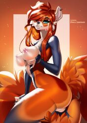 anthro aomori ass blue_eyes breast_grab breasts canid canine ear_piercing eyelashes facial_piercing female fluffy fluffy_tail fox fur genitals hair hand_on_breast hi_res inner_ear_fluff lip_piercing makeup mammal mascara nipples orange_body orange_fur orange_hair piercing pussy snakebite_piercing solo tail tuft