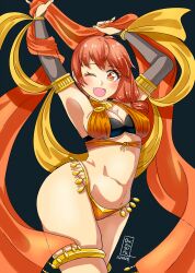 1girls ;d alternate_costume armpits arms_up bare_thighs breasts cleavage dancer dancing fang female female_only fire_emblem fire_emblem:_three_houses leonie_pinelli looking_at_viewer medium_breasts nintendo onikagura_(artist) open_mouth orange_eyes orange_hair orange_panties panties short_hair side_ponytail skindentation smile solo thighs underboob underwear veil