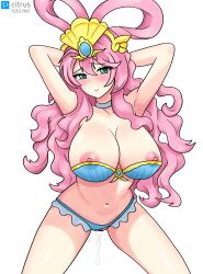 1girls absurd_res armpits arms_behind_head arms_up bikini blush breasts breasts_out bunny_ears exposed_breasts exposed_pussy fat_thighs female green_eyes hair_between_eyes hair_ornament hi_res huge_breasts long_hair mermaid necklace pink_hair pussy_juice pussy_peek ruri_(battle_cats) seductive smiling_at_viewer the_battle_cats tiara