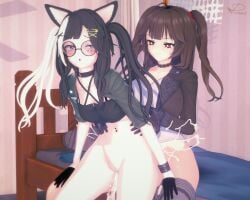 1futa 1girls 3d black_hair brown_hair cum_in_pussy excessive_cum female futa_on_female futanari heart-shaped_pupils medium_breasts partially_clothed prin(prinmei) prinmei purple_eyes red_eyes round_glasses ruby_ypsilanti_(rubypsilanti) sitting_on_lap sitting_on_penis sitting_on_person vaginal_penetration white_hair wolf_ears wolf_girl