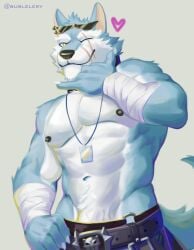 2023 abs absurd_res anthro arm_tuft bandage belt biceps big_muscles black_clothing black_nipples black_nose blue_body blue_fur body_hair bublelery canid canine canis cheek_tuft chin_tuft claws clothed clothing collar deltoids dislyte elbow_tuft eyebrows eyewear eyewear_on_head facial_scar facial_tuft freddy_(dislyte) fur genitals hand_on_hip happy_trail heart hi_res jewelry lanyard looking_at_viewer male mammal multicolored_body muscular muscular_male navel necklace nipples one_eye_closed pecs penis penis_base pubes scar simple_background smile solo sunglasses sunglasses_on_head tail teeth topless tuft two_tone_body vein white_body white_fur wink wolf yellow_eyes