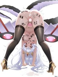 body_writing breasts commission cum cum_in_pussy cyber_dragon_infinity female full_body high_heels highres horns large_breasts long_hair mechanical_wings personification pesto_spaghetti pussy red_eyes second-party_source solo spread_legs thighhighs tongue tongue_out white_hair wings yu-gi-oh!