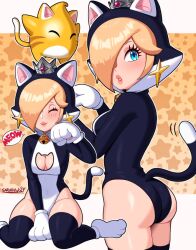 1girls 2d 2d_(artwork) belly_button_visible_through_clothing big_breasts blonde_hair blue_eyes blush boob_window breast_cutout cat_ears cat_girl cat_luma cat_paws cat_rosalina cat_tail child_bearing_hips closed_eyes female female_focus female_only hair_over_one_eye highres leotard looking_at_viewer looking_back_at_viewer luma mario_(series) meow nintendo one-piece paws princess_rosalina sarukaiwolf star_background star_earrings super_mario_3d_world thighhighs thighs