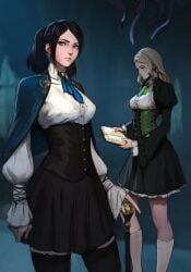 2girls blonde_hair blue_dress brunette_hair cane clothed corset female green_dress imminent_rape looking_away mistveil reading reading_book sfw skirt tagme tarakanovich tentacle unfinished victorian victorian_dress violet_eyes