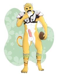 anthro cougar felid feline ferny42 football_gear football_player football_uniform genitals hi_res male mammal markings penile_spines penis riley_winters scar scarred_hand shoulder_pads solo striped_markings stripes