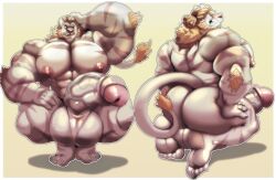 anthro balls barazoku big_balls cursedmarked felid foreskin genitals homura_(character) huge_balls huge_pecs hyper lion male mammal mane muscular muscular_male pantherine pecs penis scar solo titty