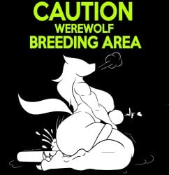 anthro black_background bodily_fluids breasts breath canid canine caution_sign cowgirl_position duo female female_on_top from_front_position fur human larger_female male male/female mammal nipples nude on_bottom on_top pictogram sex side_view silhouette simple_background size_difference smaller_male text trifuson were werecanid werecanine werewolf