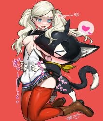 >_< 1boy :3 animal_ears ann_takamaki artist_request blonde_hair blue_hair blush boots breasts cat_ears cat_tail clothed_sex clothes_lift female furry furry_male furry_with_non-furry hair_ornament hairclip hand_on_another's_head heart highres interspecies kneeling looking_at_another mochitaichi morgana_(persona) morgana_(persona_5) nipples pantyhose persona persona_5 red_background red_pantyhose scarf school_uniform sex sex_from_behind shirt_lift shuujin_academy_school_uniform skirt spoken_heart tail translation_request twintails yellow_scarf