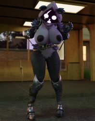 3d 3d_(artwork) akittu anthro areola bear big_breasts black_areola black_body black_ears black_fur black_nipples blender_(software) blender_cycles breasts bus_stop clothing digital_media_(artwork) embarrassed embarrassed_nude_female enf epic_games eye_scar facial_scar female fortnite fur fur_markings genitals grey_body grey_clothing grey_fur hi_res mammal markings multicolored_body multicolored_fur nipples nude outside public purple_body purple_fur pussy raven_team_leader scar solo two_tone_body two_tone_fur