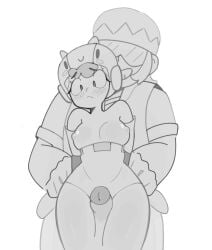 1boy 1girls 2023 arms_behind_back bea_(brawl_stars) brawl_stars buster_(brawl_stars) clothing female freckles grayscale headgear helmet male monochrome nipples penis sketch standing thighs white_background xyraabs