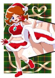 1girls bare_legs belly_button blue_eyes brown_hair christmas dooon_chaaan female female_focus female_only full_body heart high-cut_top mario_(series) midriff miniskirt nintendo open_mouth_smile peace_sign princess_daisy santa_costume santa_hat sole_female solo solo_female standing underass winking_at_viewer xmas