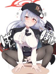 1boy 1girls bar_censor big_breasts black_headwear black_jacket black_necktie black_skirt blue_archive blush bouncing_breasts breasts censored collared_shirt commentary_request cowgirl_position female gehenna_academy_logo_(blue_archive) gehenna_academy_student gourmet_research_society_(blue_archive) grey_hair halo haruna_(blue_archive) hat heart high-waist_skirt highres jacket jacket_on_shoulders large_breasts light-skinned_female light-skinned_male light_skin long_hair long_sleeves looking_at_viewer motion_lines necktie pantyhose peaked_cap pov pubic_hair red_eyes red_halo rqm55 sex shirt simple_background skirt smile solo_focus straddling straight tongue tongue_out torn_clothes torn_pantyhose vaginal_penetration white_background white_shirt