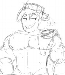 1boy bara boyfriend_(friday_night_funkin) fnf friday_night_funkin male male_focus male_only pecs reversed_baseball_cap shirtless sketch smiling therabit topless unfinished