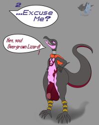 2023 absurd_res anthro balls belly big_balls black_body dialogue english_text flaccid generation_7_pokemon genitals hi_res humanoid_genitalia humanoid_penis leskarmory luminum_(glimmershine) male nintendo open_mouth penis pink_belly pokemon pokemon_(species) salazzle simple_background solo speech_bubble standing text watermark