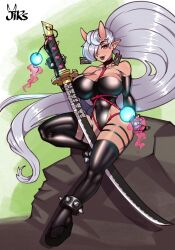 akemi_(lokoshkan) giant_sword grey_hair highleg horns jirs large_breasts latex latex_clothing latex_thighhighs leotard oni oni_female oni_horns original tan_body tan_skin thighhighs