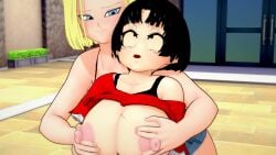 3d android_18 animated black_hair blonde_hair blue_eyes breasts_out dragon_ball dragon_ball_super dragon_ball_z evaan genderswap_(mtf) groping groping_breasts groping_from_behind koikatsu krillin kuririn large_breasts no_sound roseza rule_63 tagme video yuri