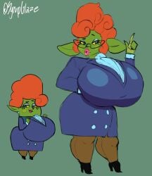 dress eyeshadow glasses green_skin high_heels large_ears lipstick long_fingernails orange_hair pantyhose pointy_ears syrupglazed