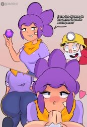 age_difference ass blowjob brawl_stars butt_crack dynamike_(brawl_stars) frinkzart hat heart old_man oral pubic_hair purple_hair shelly_(brawl_stars) spanish_text sucking sucking_penis younger_female younger_female_older_male