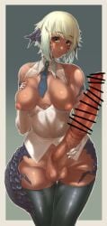 1futa alternate_version_at_source alternate_version_available areolae au_ra balls bar_censor big_breasts bottomless breasts censored clothed clothing dark-skinned_futanari dark_skin erection final_fantasy final_fantasy_xiv futa_only futanari green_hair horsecock huge_cock human nipples partially_clothed penis rustycork sheath short_hair solo standing tail