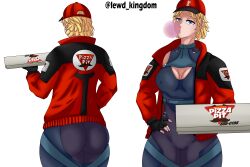 1girls 2d 2d_(artwork) 2d_artwork big_ass big_butt blonde_hair bodysuit bubble_gum fortnite lewd_kingdom piper_pace_(fortnite) pizza_box pizza_delivery red_hat suit