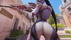 3d amelie_lacroix ass_focus bodysuit braided_hair female_focus gun huge_ass low-angle_view official_art overwatch overwatch_2 purple_hair screencap sniper sniper_rifle tattoo wide_hips widowmaker