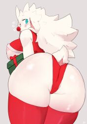 absurd_res anthro anus areola ass barely_visible_anus biped blue_eyes bovid breasts buta99 caprine christmas clothed clothing female fur goat hi_res looking_back mammal nipple_outline rear_view simple_background skimpy solo vanilla_(buta99) white_body white_fur