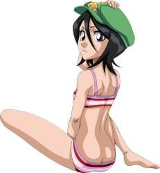 1girls alternate_hairstyle anime_coloring arm_up ass back bare_legs bikini black_hair bleach breasts butt_crack feet female female_only from_behind hand_on_own_head hat highres kuchiki_rukia legs looking_at_viewer medium_hair pale_skin panties petite purple_eyes shiny_skin short_hair sitting skinny small_breasts solo strap striped striped_bikini striped_panties swimsuit toes underwear v-shaped_eyebrows white_background