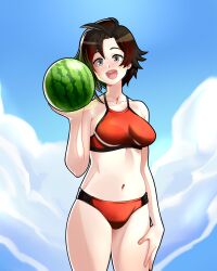 beach bikini female female_only marlomora red_hair ruby_rose rwby silver_eyes watermelon