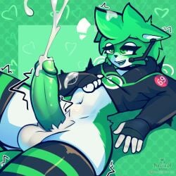 1:1 absurd_res anthro biped bodily_fluids bulge clothed clothing crop_top cum cumming_on_self digital_media_(artwork) ejaculation english_text erection femboy fur genital_fluids genitals girly green_background green_body green_eyes green_fur green_hair hair hi_res legwear looking_at_viewer lying male male_only midriff nagifur navel on_back open_mouth orgasm orgasm_face panties penis personification shirt simple_background smile smug solo text thick_thighs thigh_highs topwear underwear whatsapp